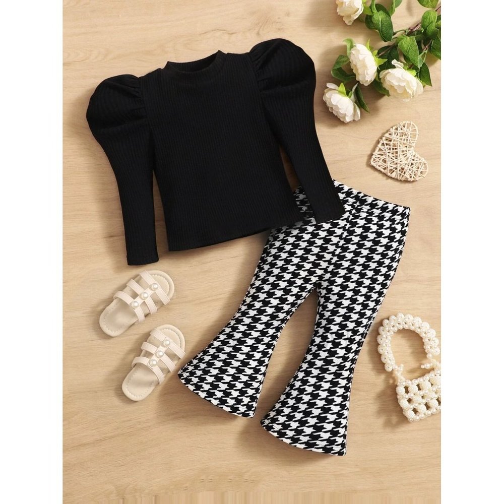 New SHEIN Baby Gigot Sleeve Tee & Houndstooth Print Flare Leg Pants - Size 18-24